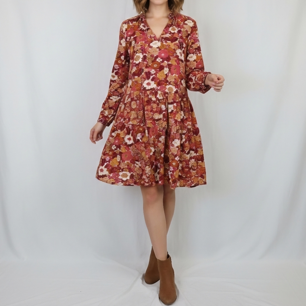 D’ascoli Lulu Dress Size Small Floral Print‎ Cotton Boho Midi Notched Tie Neck